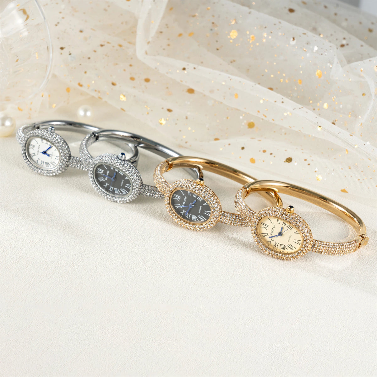 Luxury Crystal Oval Bangle Watch For Women Roman Numeral Dial Rhinestone Inlaid Elegant Waterproof Quartz Wristwatch Reloj Mujer
