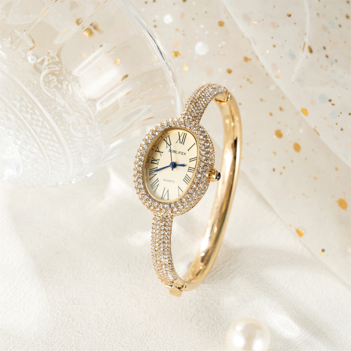 Luxury Crystal Oval Bangle Watch For Women Roman Numeral Dial Rhinestone Inlaid Elegant Waterproof Quartz Wristwatch Reloj Mujer