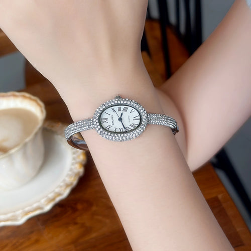 Luxury Crystal Oval Bangle Watch For Women Roman Numeral Dial Rhinestone Inlaid Elegant Waterproof Quartz Wristwatch Reloj Mujer